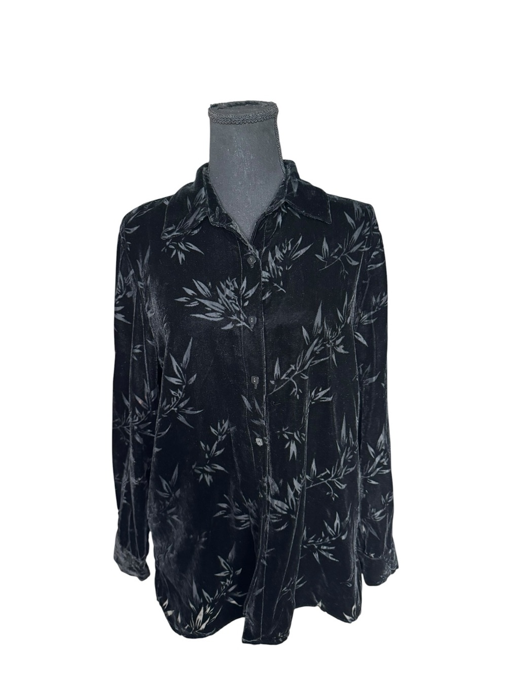 Carole Little Black Silk Velvet Burnout Button Up Blouse M Goth Quiet Luxury Y2K